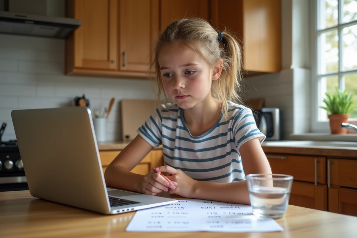 Adolescente faisant ses devoirs avec un verre doseur et une fiche de conversion centilitres en grammes sur une table en bois