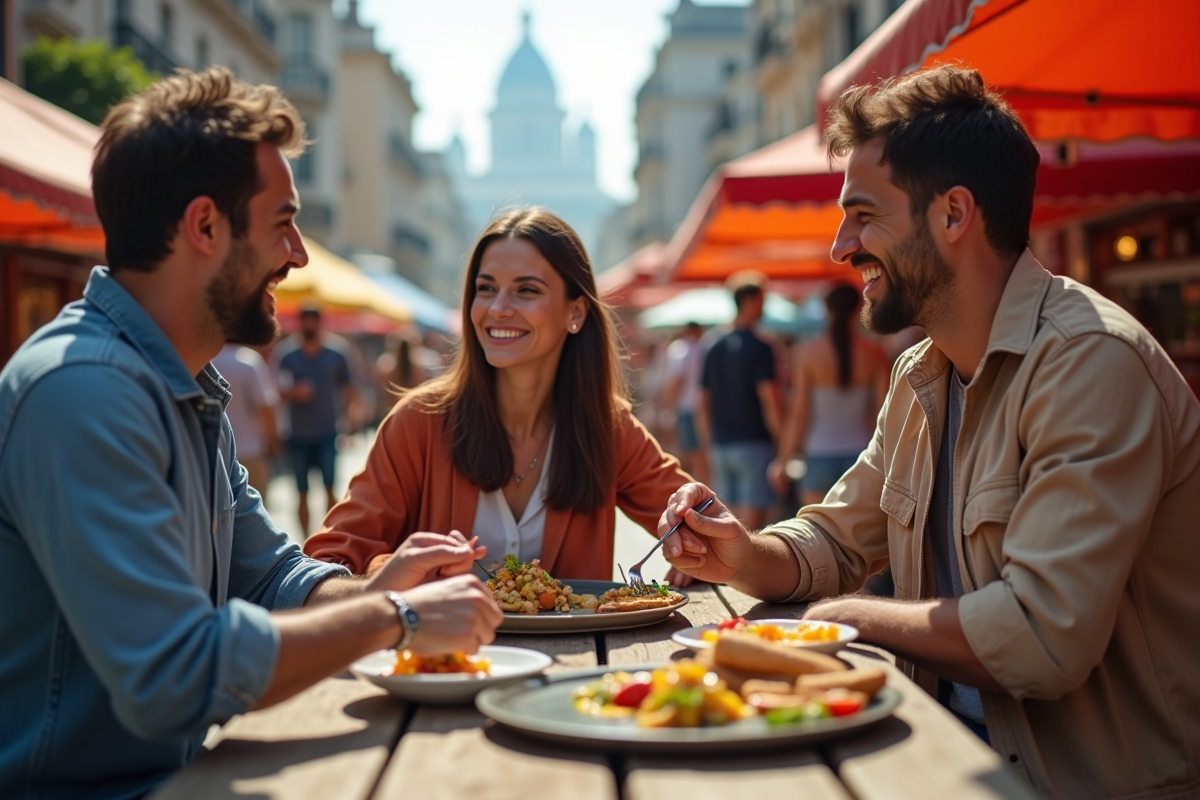 Trois amis dégustant des plats dans un marché urbain