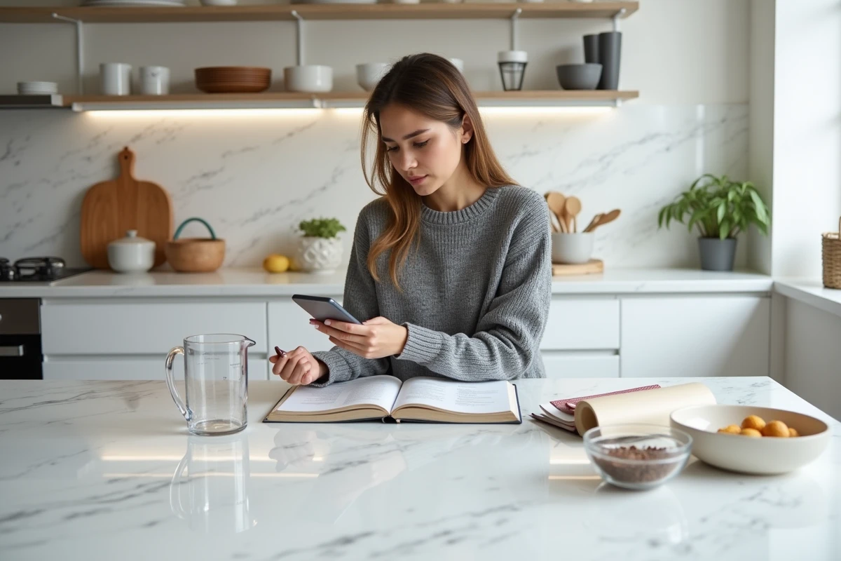 Jeune femme utilisant une application de conversion grammes en centilitres sur smartphone avec des livres de recettes ouverts sur un comptoir en marbre