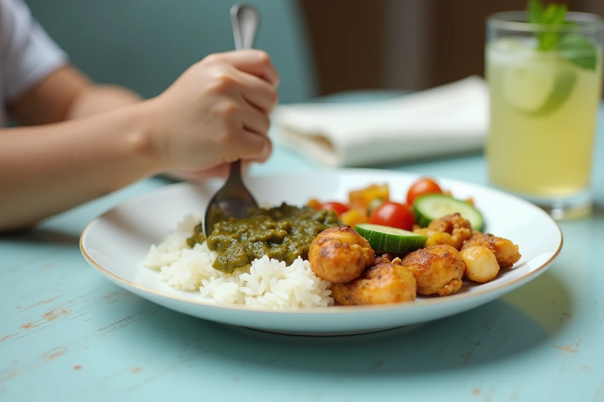 Assiette égyptienne pour enfant avec molokhia sur riz, poulet rôti et salade fraîche, une petite main d'enfant tenant une cuillère sur une table en bois bleu patiné
