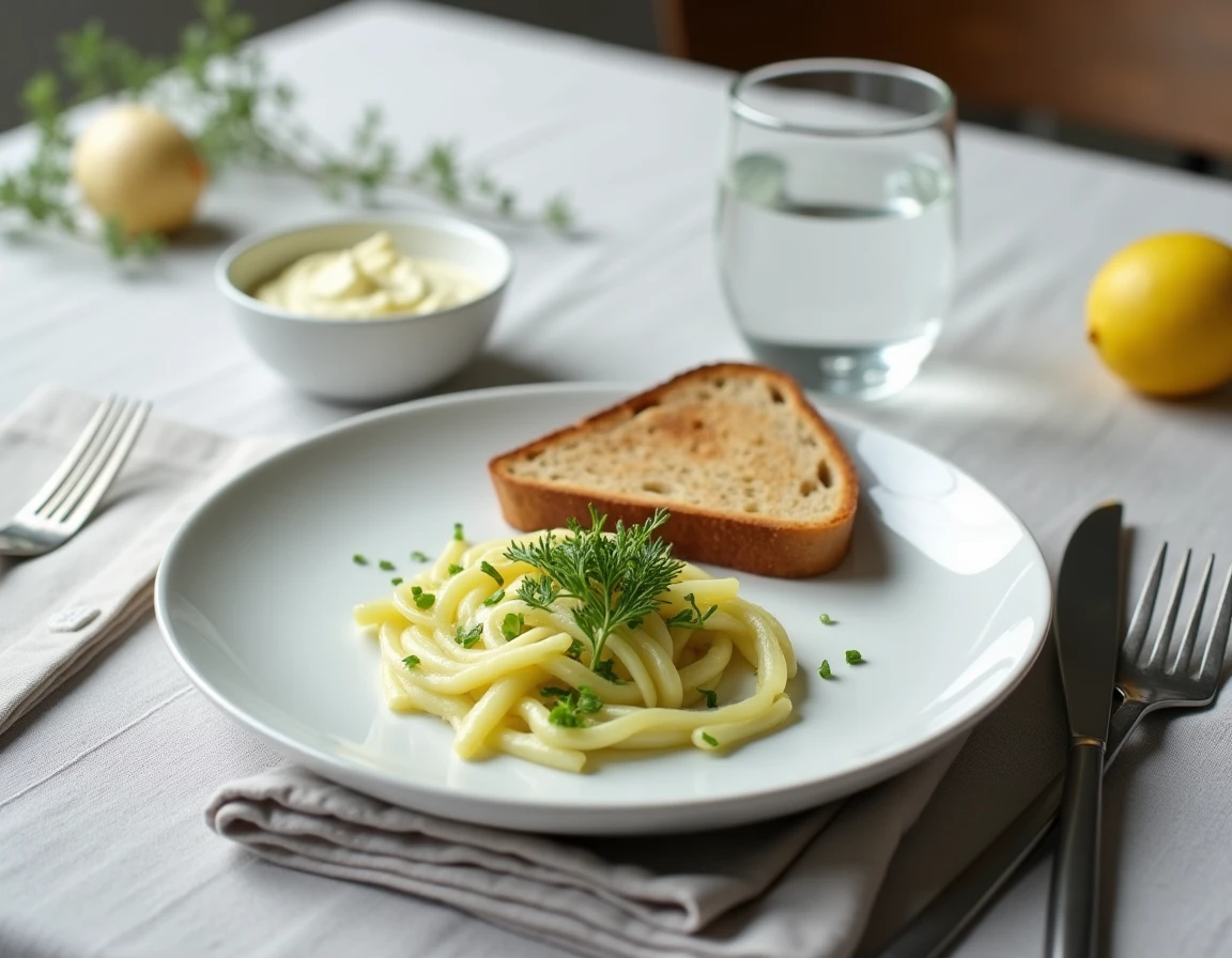 Assiette élégante de fondue de poireaux sans crème au fromage blanc avec tartine grillée sur nappe en lin gris
