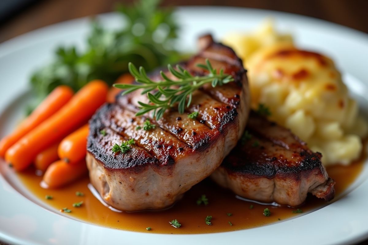 Assiette de gigot d’agneau avec gratin et carottes glacées