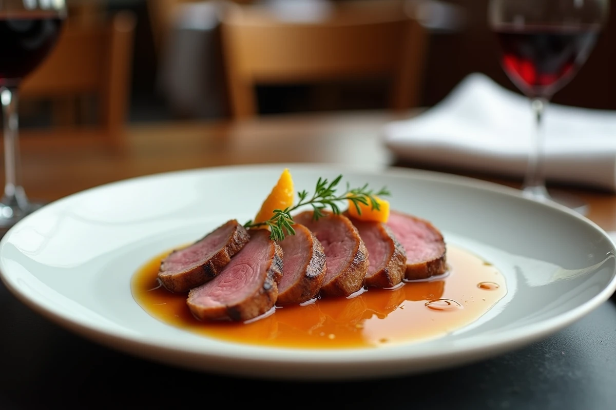 Assiette de magret de canard tranché avec sauce à l'Armagnac et à l'orange dans un restaurant gascon rustique