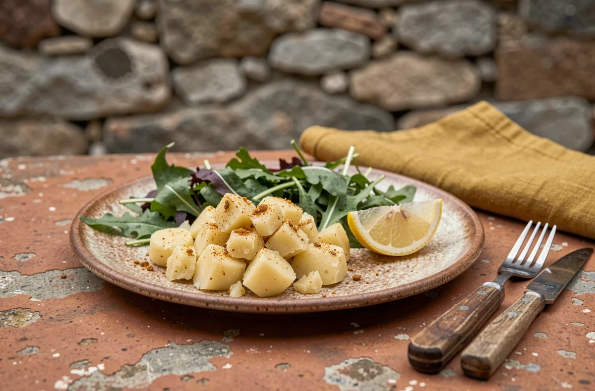 Assiette de pommes de terre écrasées aux épices douces avec salade verte et citron sur terrasse méditerranéenne rustique