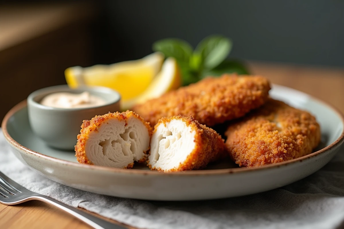 Assiette de poulet pané croustillant servi avec quartiers de citron et sauce maison sur une table en chêne