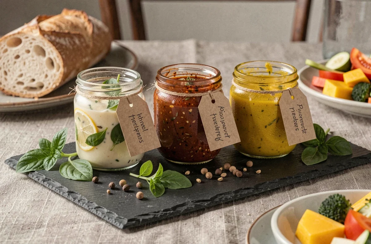 Trois petits pots de mayonnaise maison parfumée aux herbes et épices variées présentés sur une ardoise