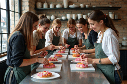 Groupe de jeunes et femmes décorant des pâtisseries colorées dans un loft parisien