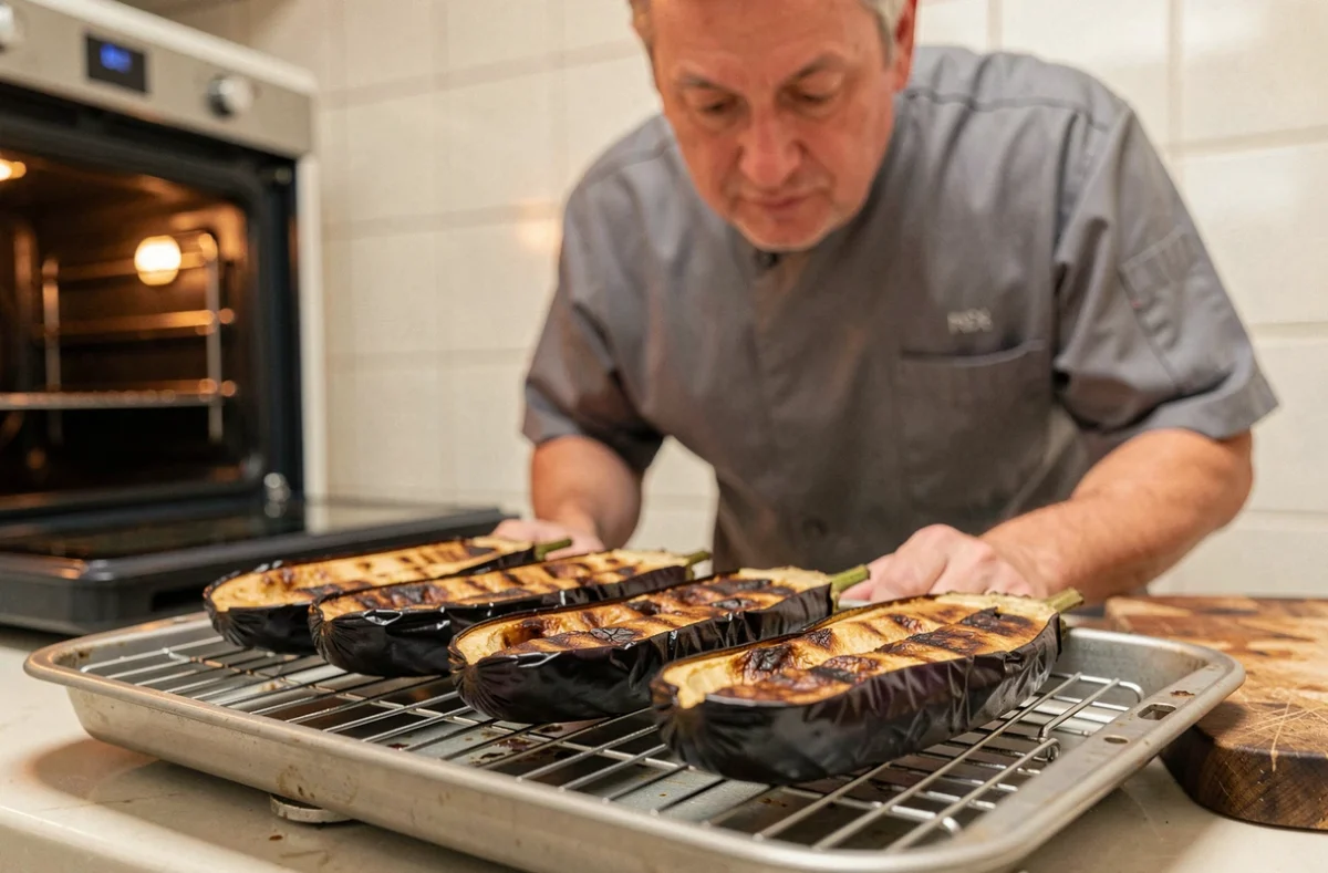 Aubergines rôties au four dorées et caramélisées sur une grille de refroidissement après cuisson
