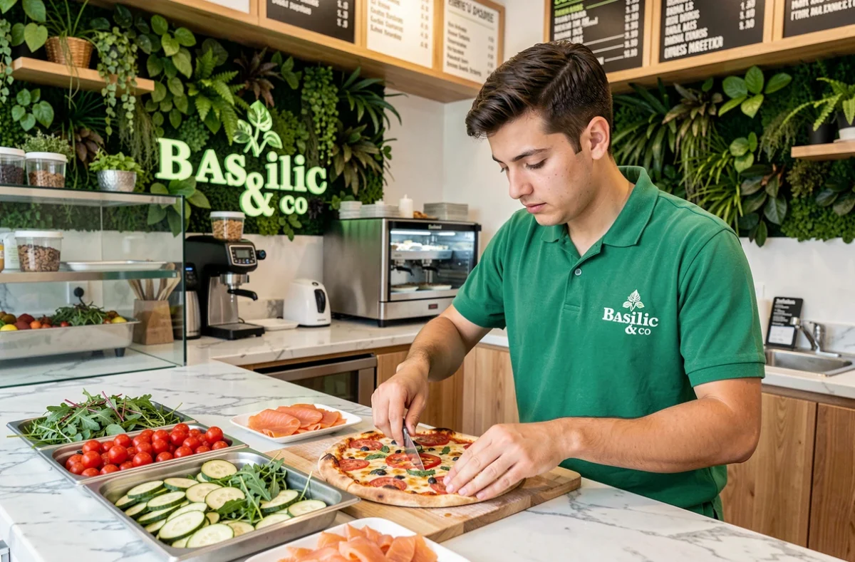 Employé de Basilic & Co à Marseille assemblant une pizza personnalisée avec des ingrédients frais au comptoir en marbre