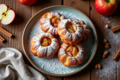 Assiette rustique de beignets aux pommes caramélisées saupoudrés de sucre glace sur une table en chêne avec cannelle et pommes fraîches