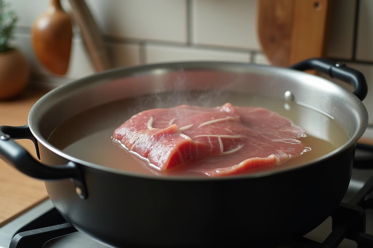 Langue de bœuf en train de blanchir dans une grande casserole d'eau bouillante sur feu vif