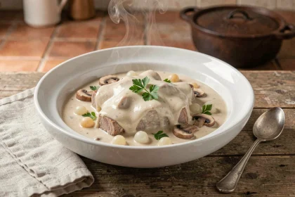 Blanquette de veau maison servie dans un bol en céramique blanche avec sauce crémeuse, oignons grelots et champignons sur une table en bois rustique