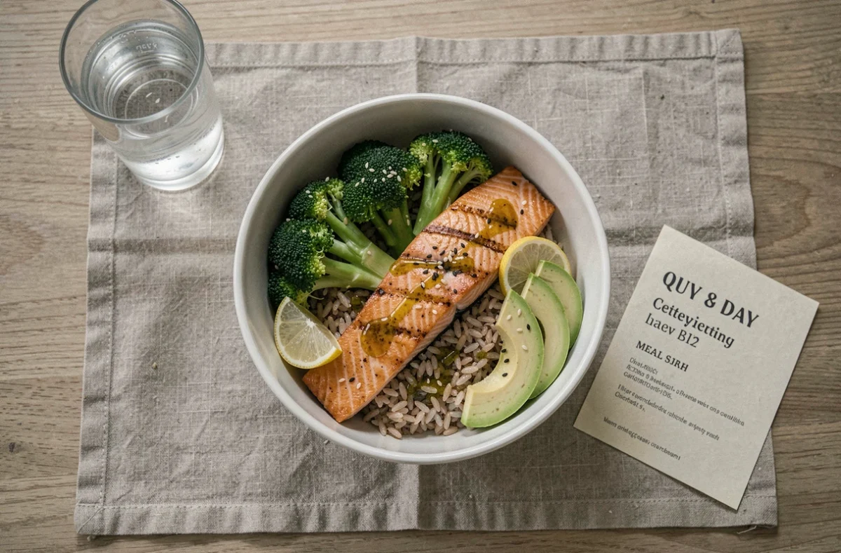 Bol repas équilibré avec saumon grillé, brocoli, riz complet et avocat accompagné d'une fiche menu