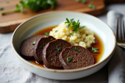 Assiette de boudin noir tranché avec une rémoulade de céleri-rave et pomme, garnie de micro-herbes, sur un fond de lin gris clair