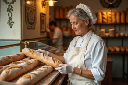 Boulangère artisanale déposant une baguette fraîche sur le présentoir en bois d'une boulangerie traditionnelle parisienne