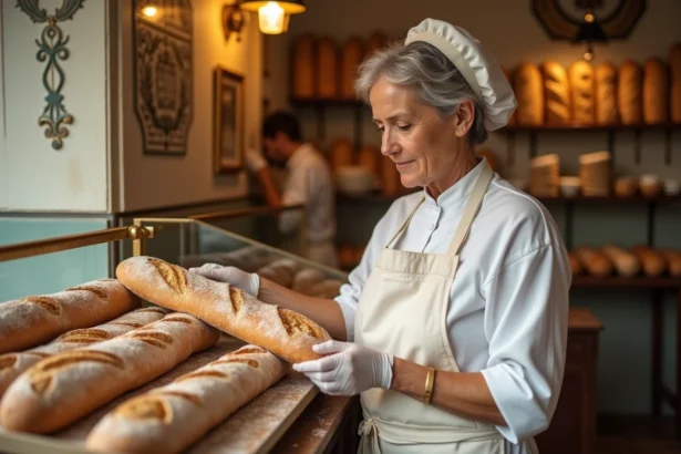 Boulangère artisanale déposant une baguette fraîche sur le présentoir en bois d'une boulangerie traditionnelle parisienne