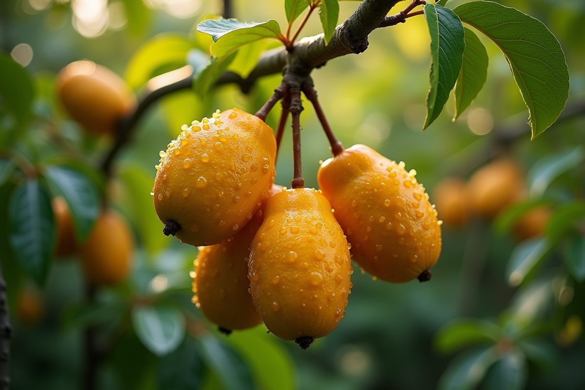 Rameau de sapodilla suspendu dans un jardin tropical au matin
