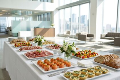 Buffet froid professionnel élégamment dressé pour un événement d'entreprise avec charcuterie, saumon fumé et antipasti colorés sur nappe blanche