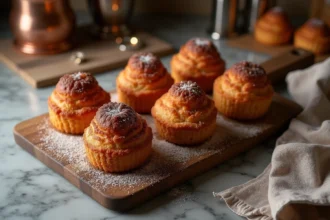 Six canelés bordelais aux croûtes caramélisées dorées posés sur une planche en bois rustique dans une cuisine artisanale