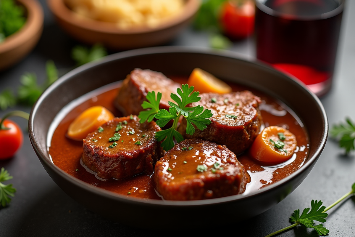 Gros plan sur carbonnade flamande et verre de vin rouge