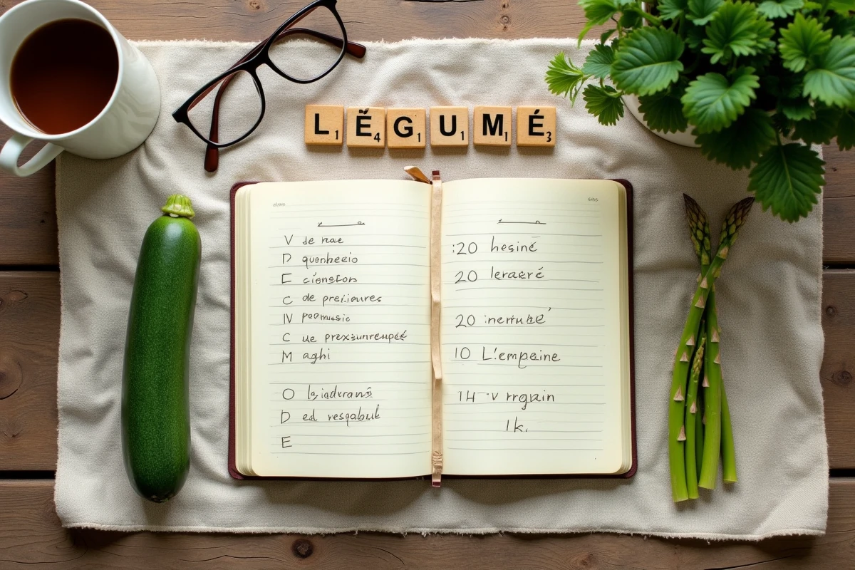 Carnet manuscrit avec liste de légumes en V entouré de vrais légumes et de tuiles de lettres Scrabble