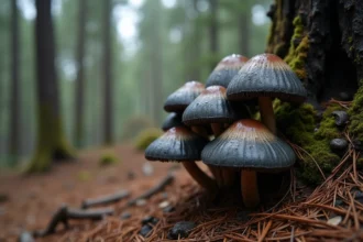 Champignons le Charbonnier poussant au pied d'un tronc calciné en forêt de pins, couverts de rosée matinale