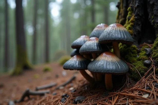 Champignons le Charbonnier poussant au pied d'un tronc calciné en forêt de pins, couverts de rosée matinale