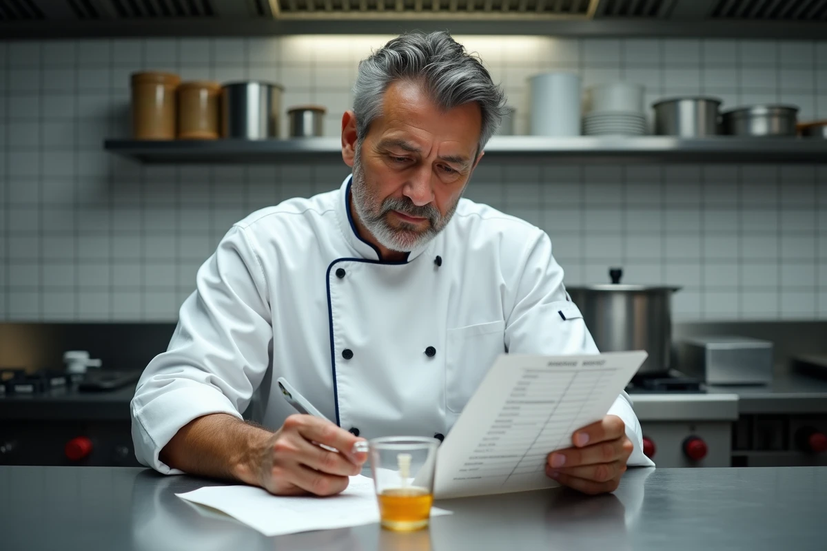 Chef professionnel consultant un tableau de conversion grammes en centilitres devant un verre doseur dans une cuisine professionnelle