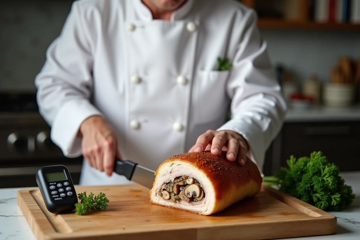 Chef coupant une paupiette de porc cuite à point sur une planche en bois pour révéler la farce moelleuse aux champignons