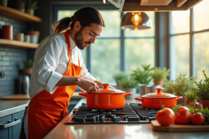Chef professionnel cuisine avec ustensiles orange Le Creuset