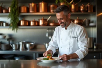 Chef français en cuisine professionnelle souriant