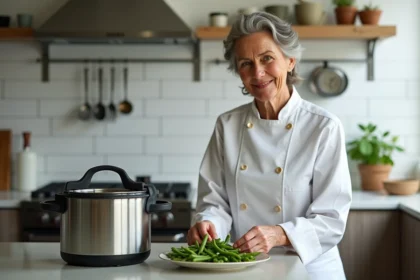 Femme chef en blanc préparant des haricots verts dans la cuisine