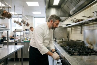 Chef professionnel inspectant une cuisinière commerciale en acier inoxydable dans une cuisine de restaurant professionnelle