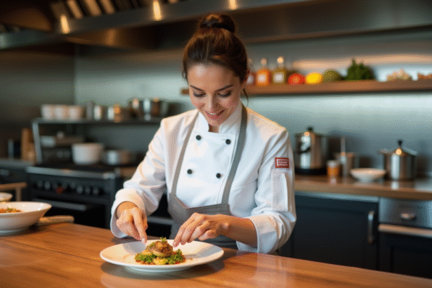 Chef femme en cuisine moderne dressant un plat traditionnel