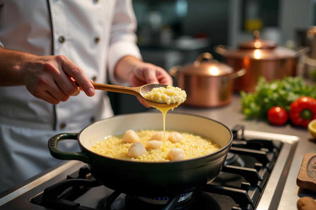 Chef préparant un risotto aux noix de Saint-Jacques en versant du bouillon dans une casserole