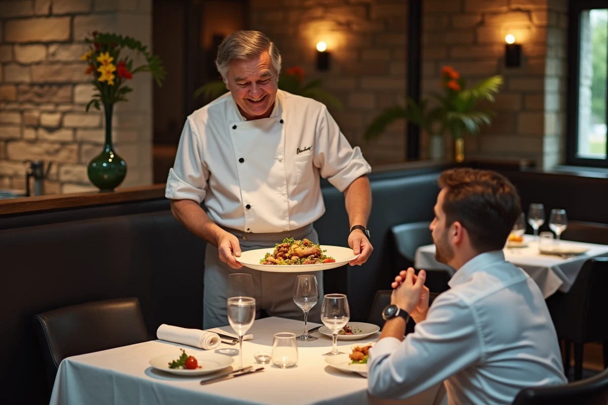 Chef présentant un plat élaboré à un client dans un restaurant