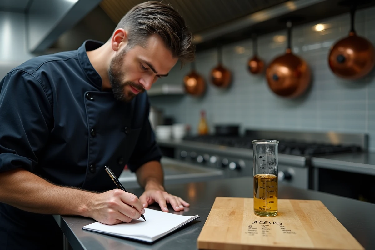Chef cuisinier consultant un tableau de conversion centilitres-grammes à côté d'un cylindre gradué d'huile d'olive en cuisine professionnelle