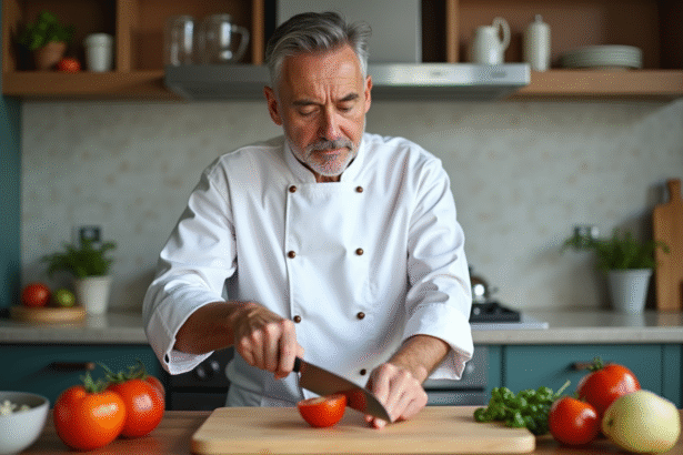 Chef en cuisine tranchant une tomate fraîche dans une cuisine moderne