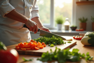 Chef tranchant des légumes frais avec un santoku dans une cuisine lumineuse