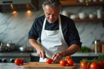 Chef professionnel tranche une tomate dans une cuisine moderne