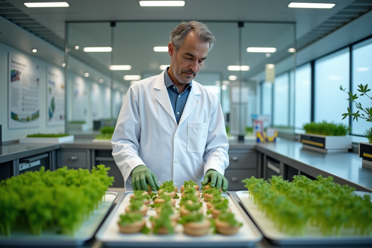Chercheur en blouse examinant des échantillons alimentaires innovants en laboratoire