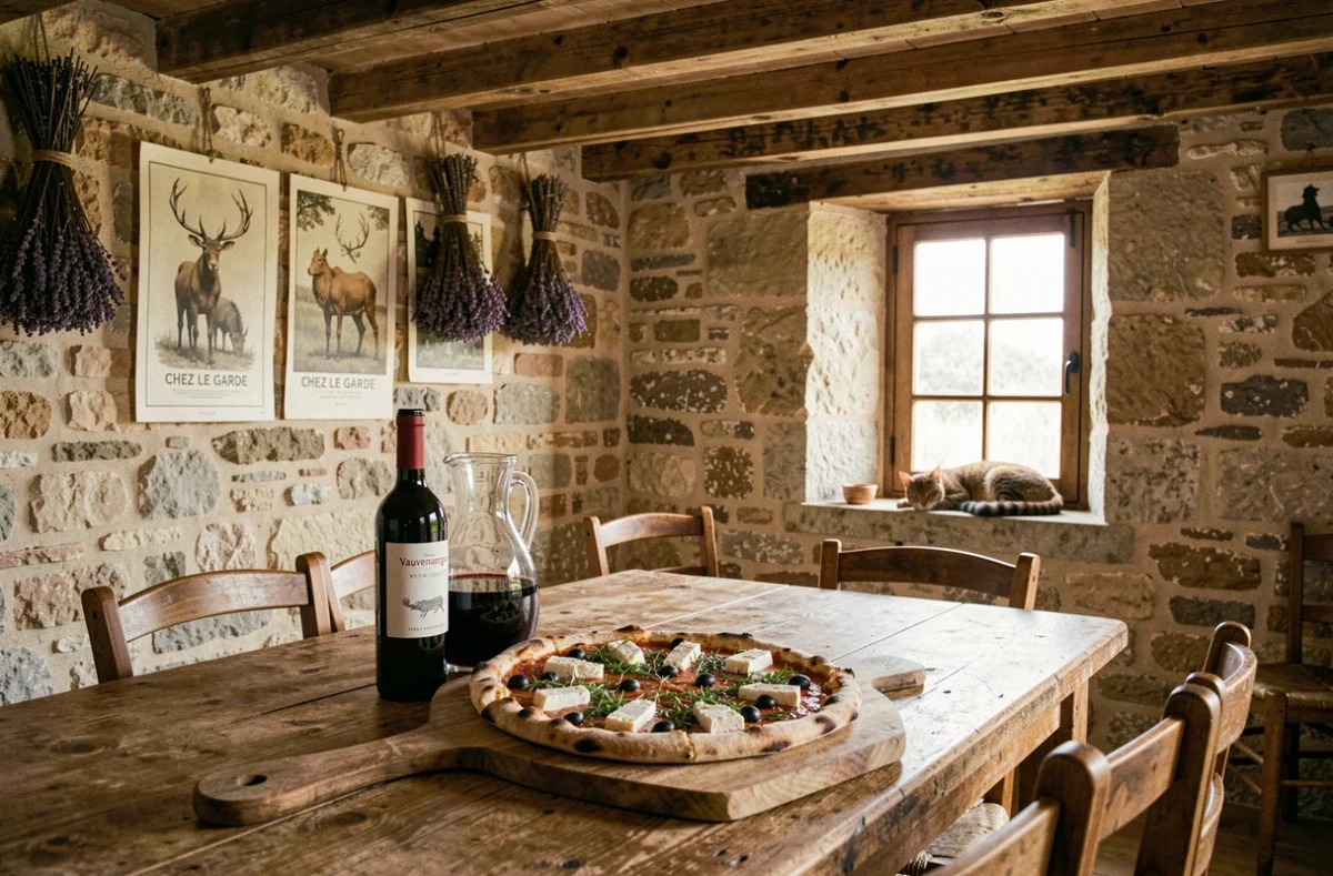 Pizza provençale au chèvre et olives noires sur planche en bois dans l'ambiance rustique du restaurant Chez Le Garde à Vauvenargues