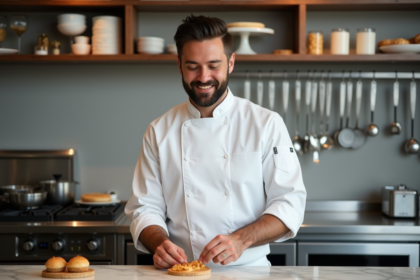 Christophe Michalak en cuisine décorant un dessert avec sourire naturel