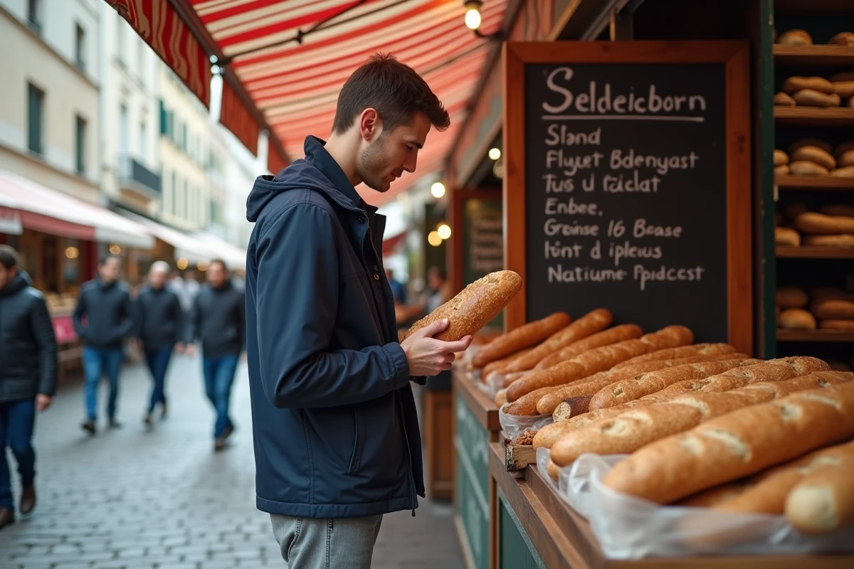 Jeune homme inspectant une baguette achetée sur un marché en plein air dans une ville de province française avec tableau de prix en ardoise