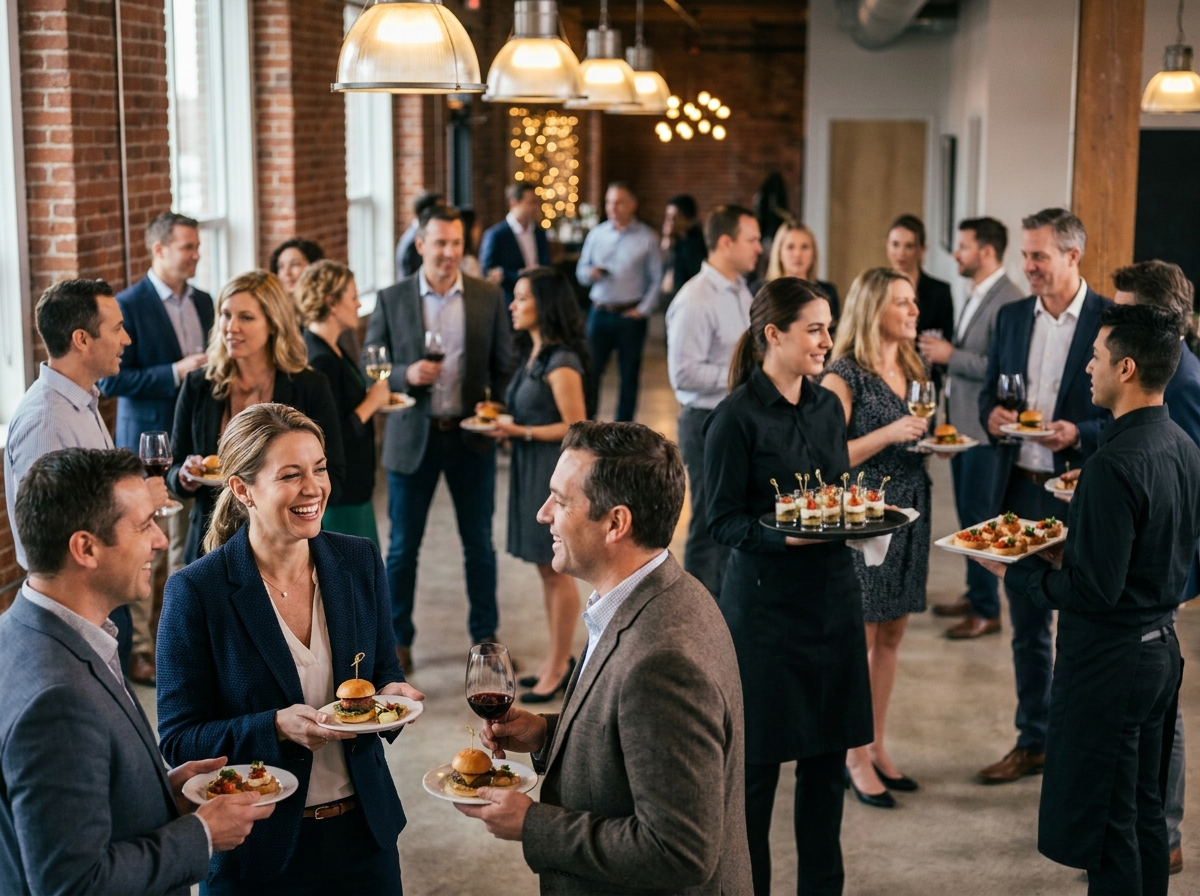 Cocktail dinatoire d'entreprise animé avec professionnels en tenue business casual dégustant des mises en bouche et échangeant debout dans une salle moderne
