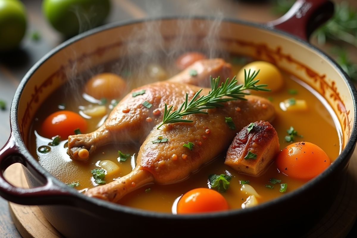 Cocotte de lapin au cidre avec légumes en gros plan