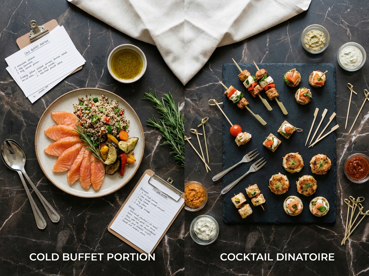Comparaison visuelle entre buffet froid et cocktail dinatoire en vue de dessus sur marbre, pour aider les entreprises à choisir leur formule traiteur