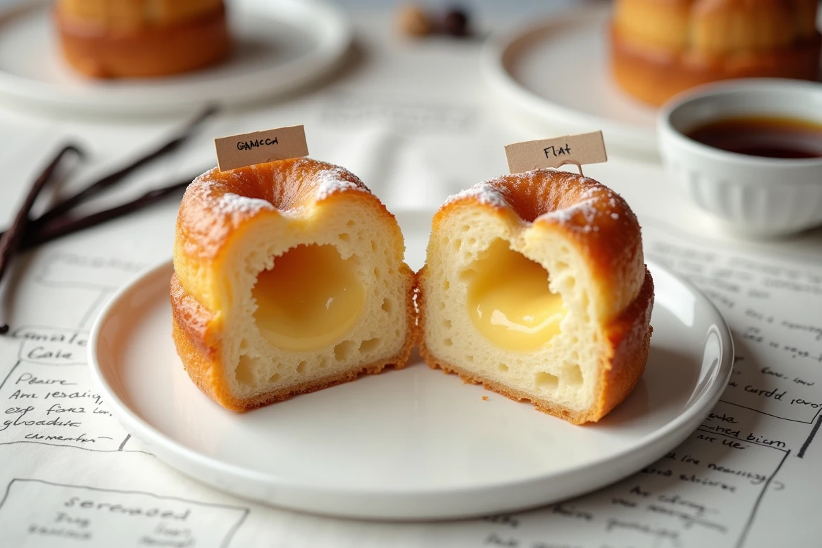 Comparaison en coupe de deux canelés, un réussi et un raté, sur une assiette blanche avec notes de recette