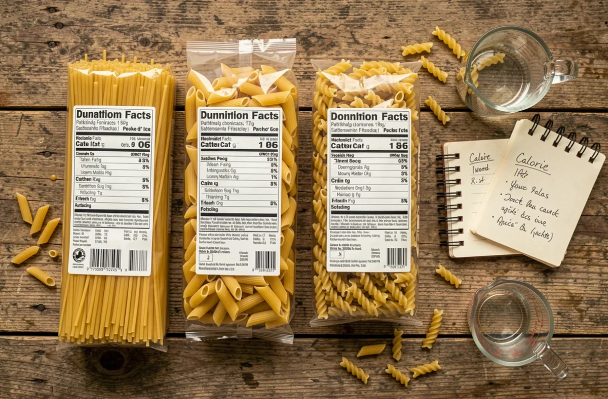 Vue du dessus de plusieurs paquets de pâtes avec étiquettes caloriques sur une table en bois