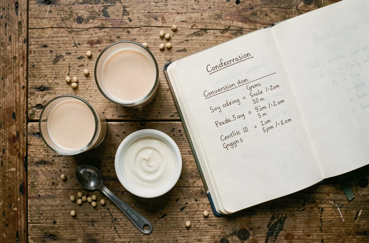 Vue aérienne d'un verre de lait de vache, lait de soja, crème et un cahier de recettes ouvert avec des conversions grammes et centilitres sur une table en bois rustique